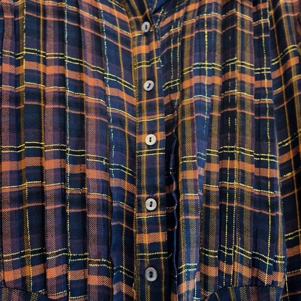 NATURAL LIFE Navy and Orange Plaid Long Sleeve Dress With Gold Thread (Rare) - Picture 3 of 7